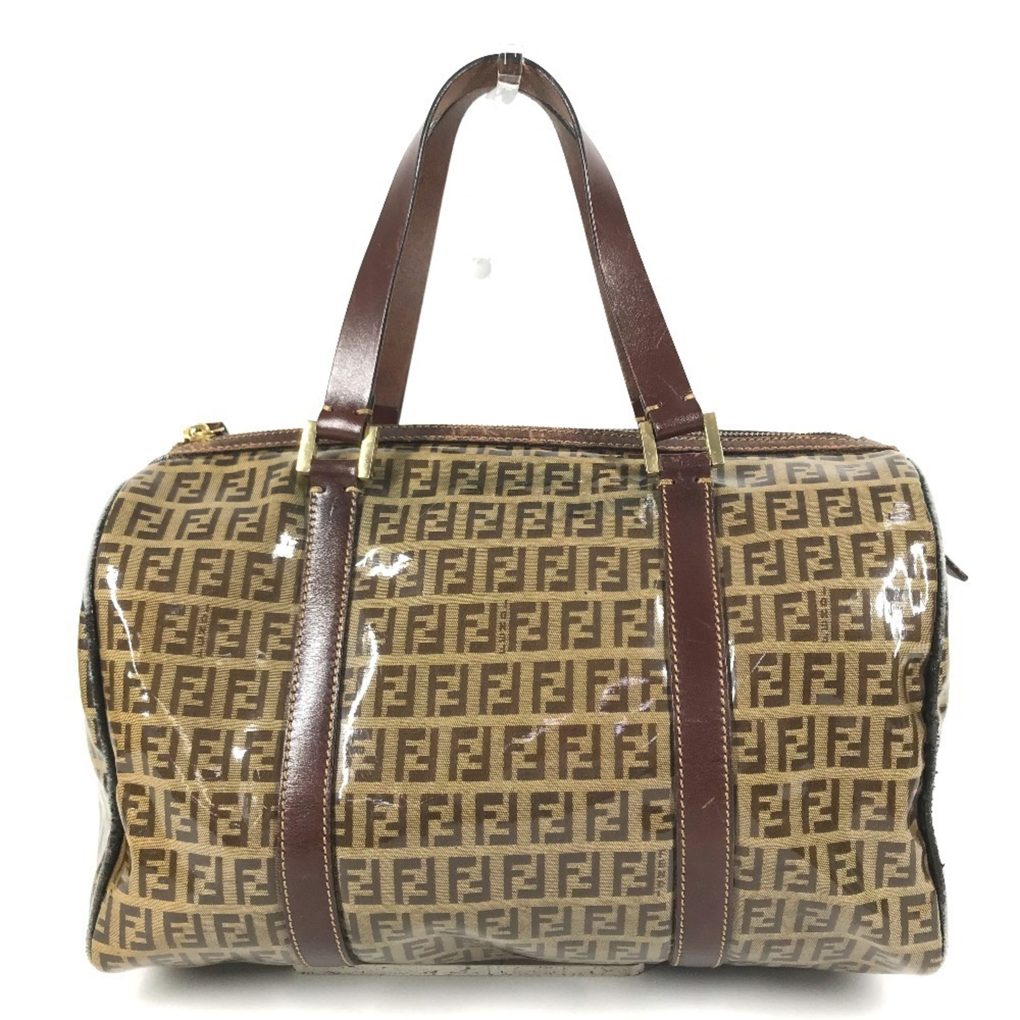 Fendi Vintage Zucca Logo Zucchino Bag Mini Boston Handbag Coated Canvas Leath...